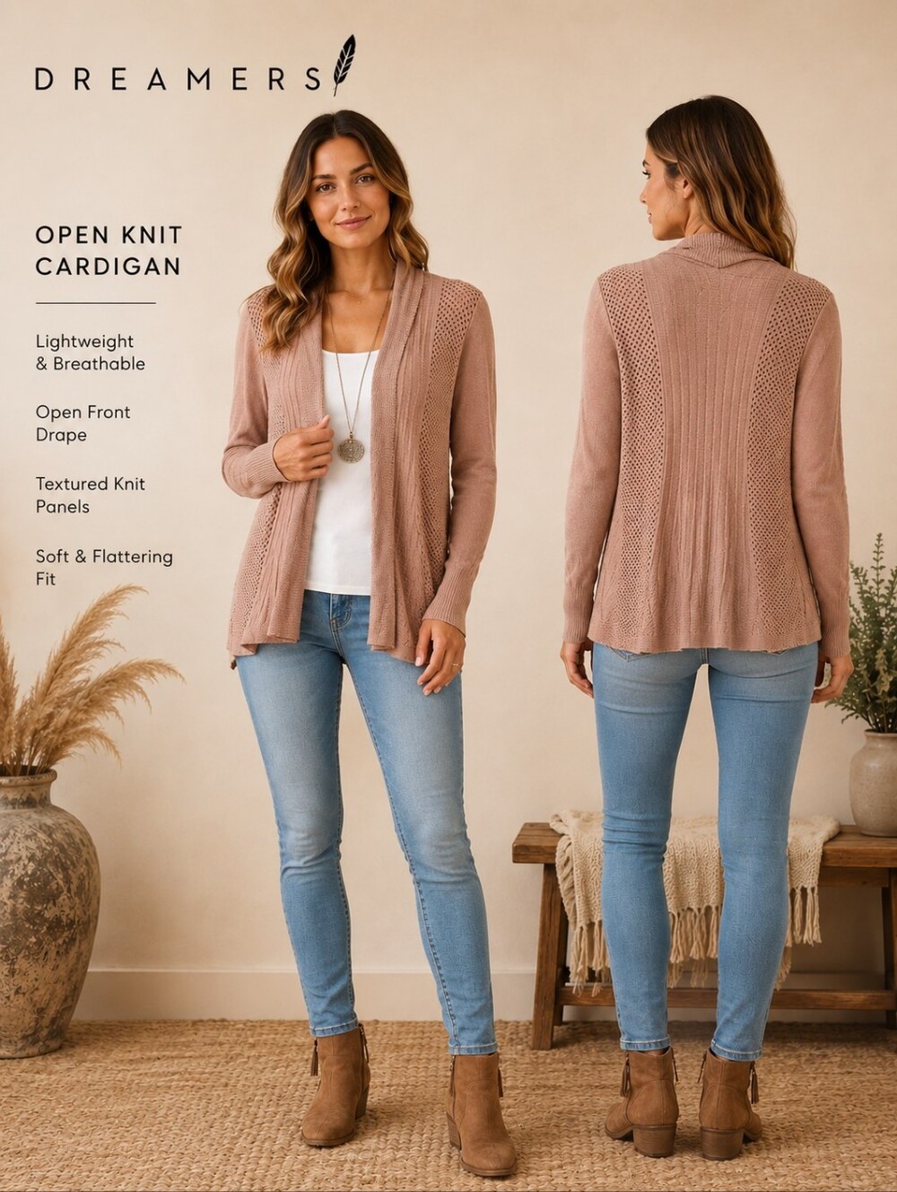Dreamers Mauve Open Front Textured Knit Cardigan Boho Lightweight Size Large